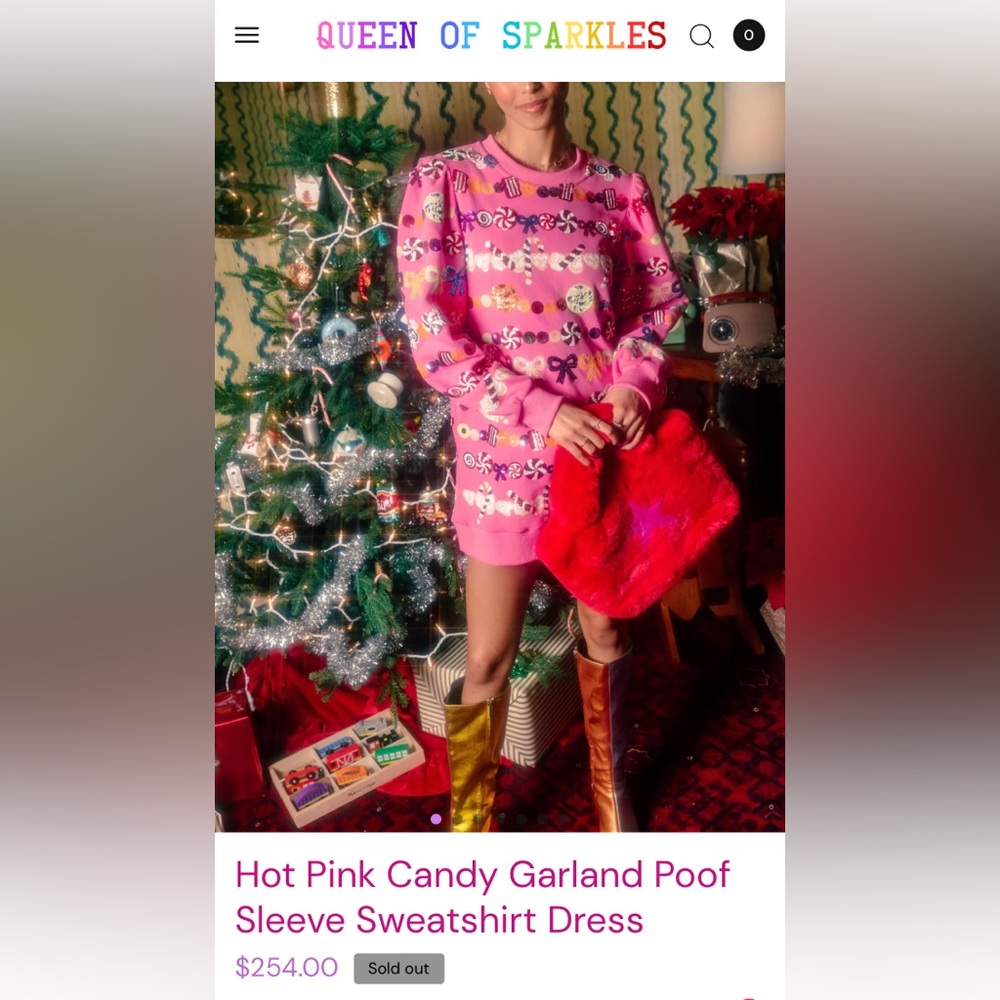 Queen of Sparkles Hot Pink Candy Garland Poof Sleeve Sweatshirt Dress- size L
